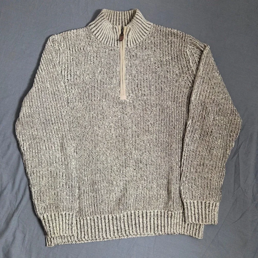 G.H. Bass & Co. Men's Large Ribbed Knit Quarter Zip Sweater Marl Cream Gray